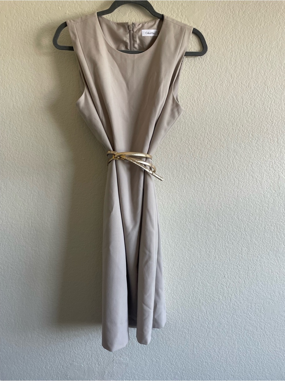 Calvin Klein Taupe Midi Sheath Dress with Metallic Gold Waist Accent